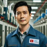 Về Chúng Tôi 1 DALL·E 2025 02 21 14.11.35 A professional portrait of a Vietnamese male engineer in his 40s wearing a blue work uniform with a company logo standing confidently in an industri