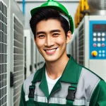 Về Chúng Tôi 3 DALL·E 2025 02 21 14.11.48 A professional portrait of a Vietnamese male technician in his 30s wearing a green work uniform and a safety helmet. He is smiling confidently while